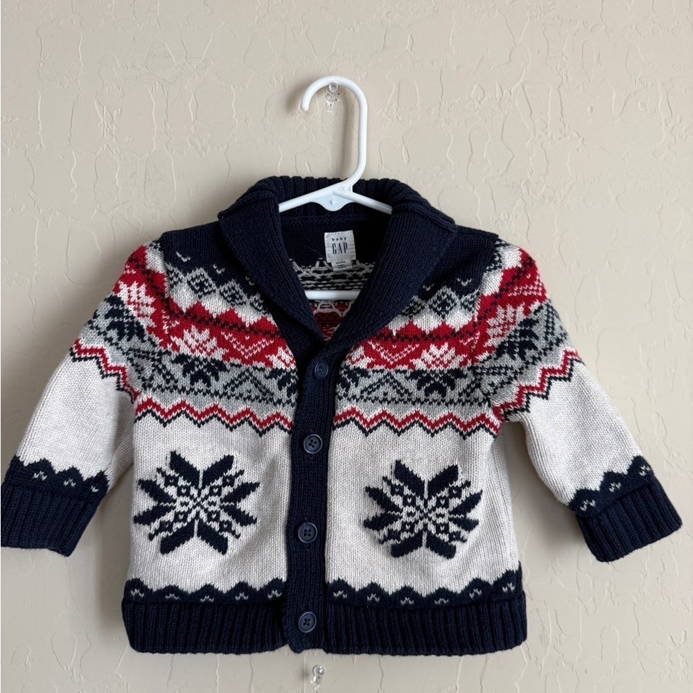 Baby GAP Fair Isle Intarsia Button Cardigan Blue Red White 6-12 months - Picture 2 of 4